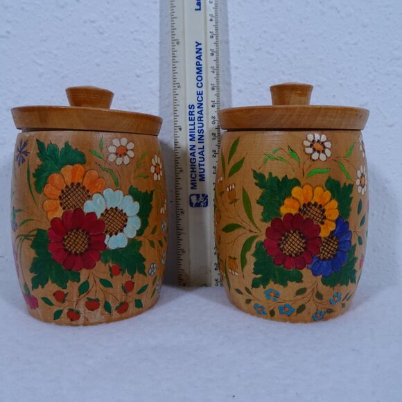 Vintage Wooden Folk Art Spice Containers Egg Cups Toothpick Holder Hand Painted - Picture 10 of 16